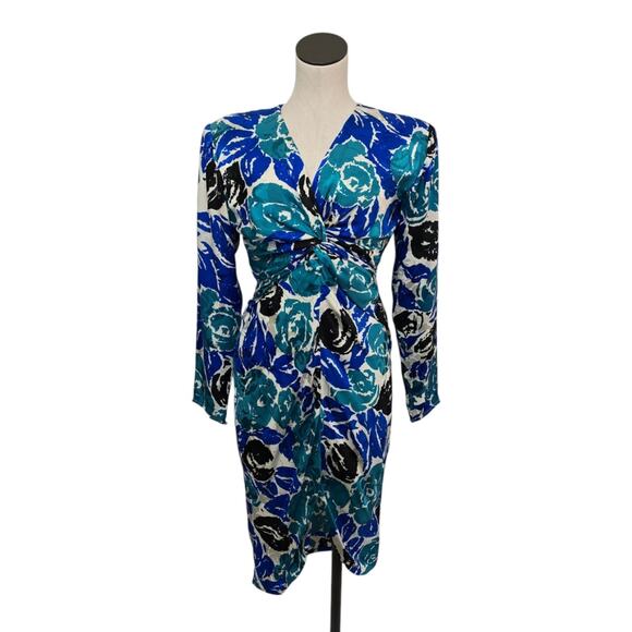 Vintage 80s FLORA KUNG NEW YORK‎ Blue Floral Midi Dress 100% Silk Size 6 - Picture 1 of 11